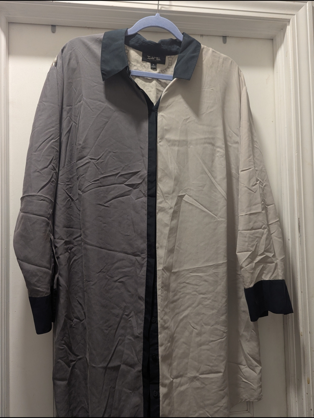 Lane Bryant Two-Tone Gray and Cream Long Shirt Jacket with Black Trim